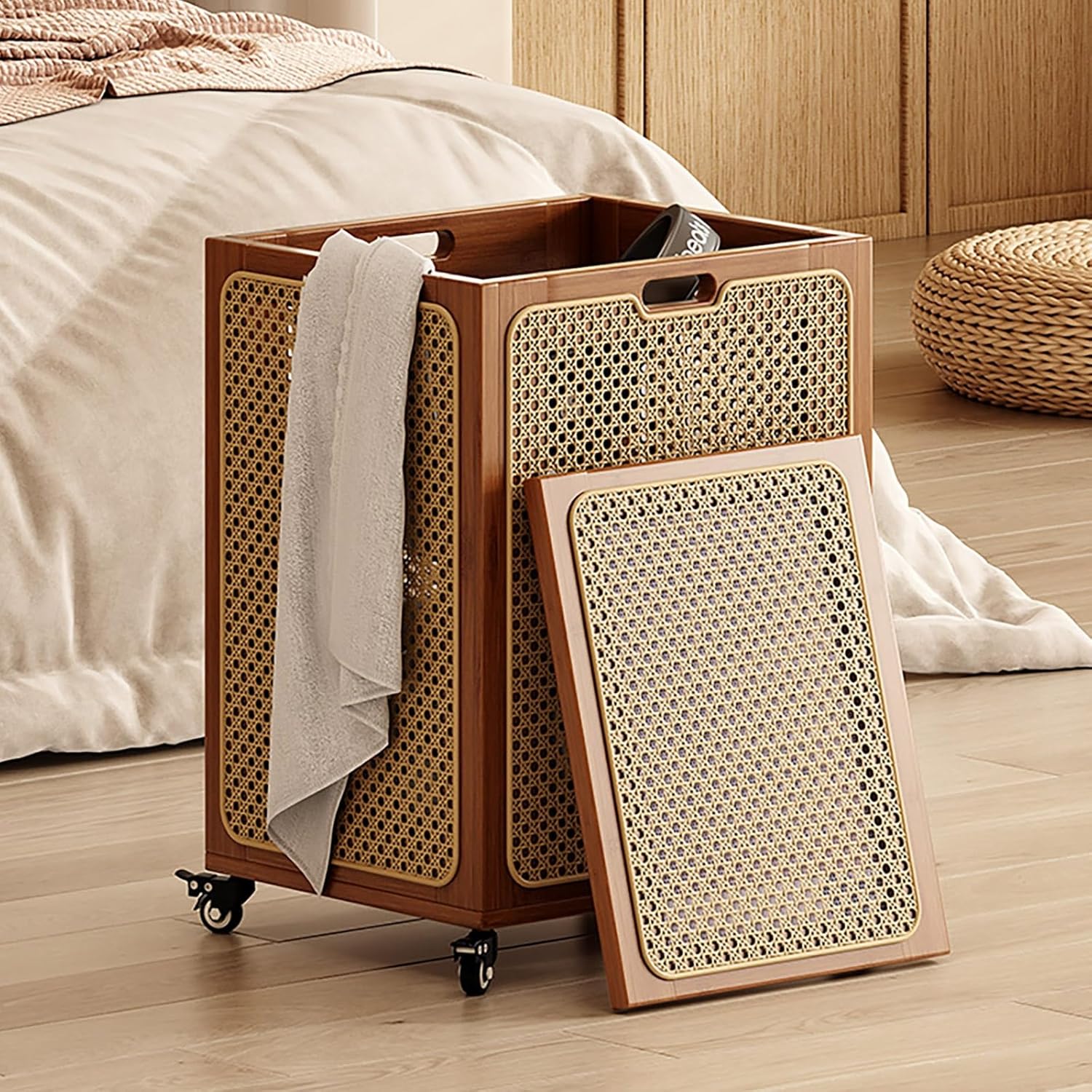 MDDKOP 籐編み ラタン ランドリー 脱衣カゴ 木製 キャスター付き